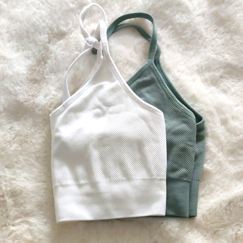 Women's Ribbed Halter Bralette - White and Green